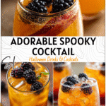 Layered glass of apple cider topped with blackberries styled as a cute fall cocktail for Halloween 2